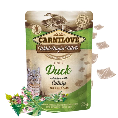 Carnilove cat pouches Rich in Duck enriched with Catnip WILD-ORIGIN FILLETS IN GRAVY